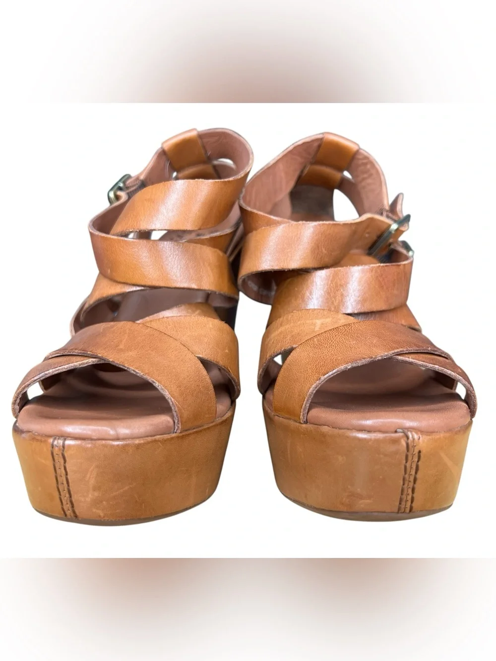 Kork-Ease Hailey Leather Platform Wedge Sandals Brown Double Buckle Strappy Sz 6